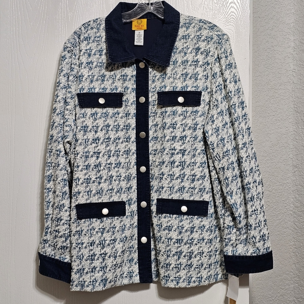 Ruby Rd. Houndstooth Snap Front Jacket with Denim Trim Size 1X NWT